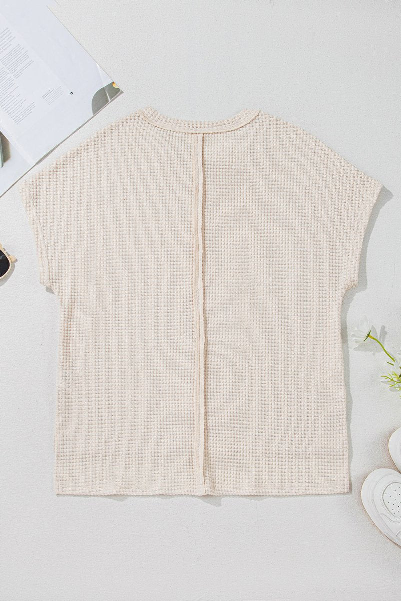 Pale Khaki Solid Color Textured Seamed Short Sleeve Top - Love Salve
